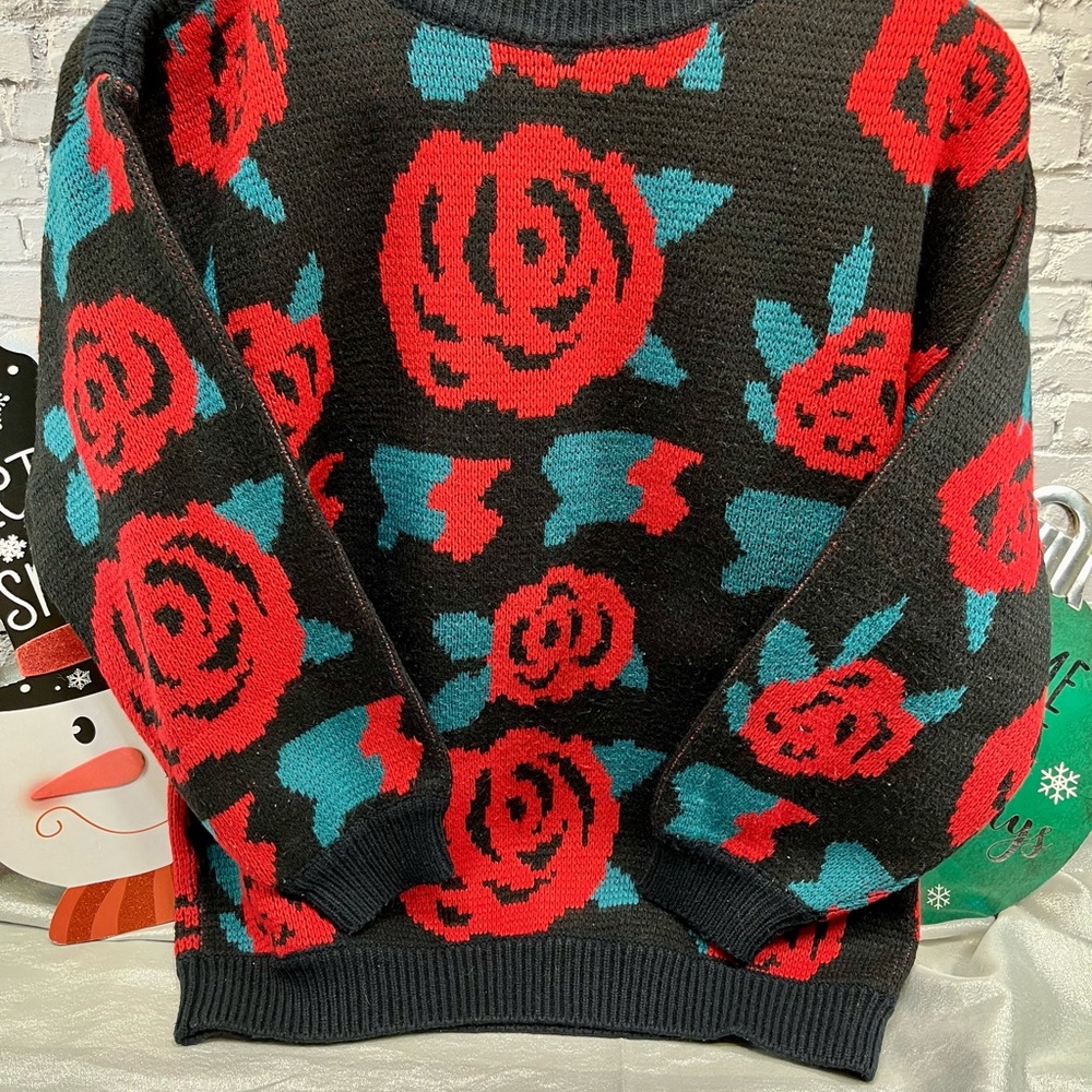 Red Rose Winter Grannycore Vintage 1980s Sweater - JADE size L